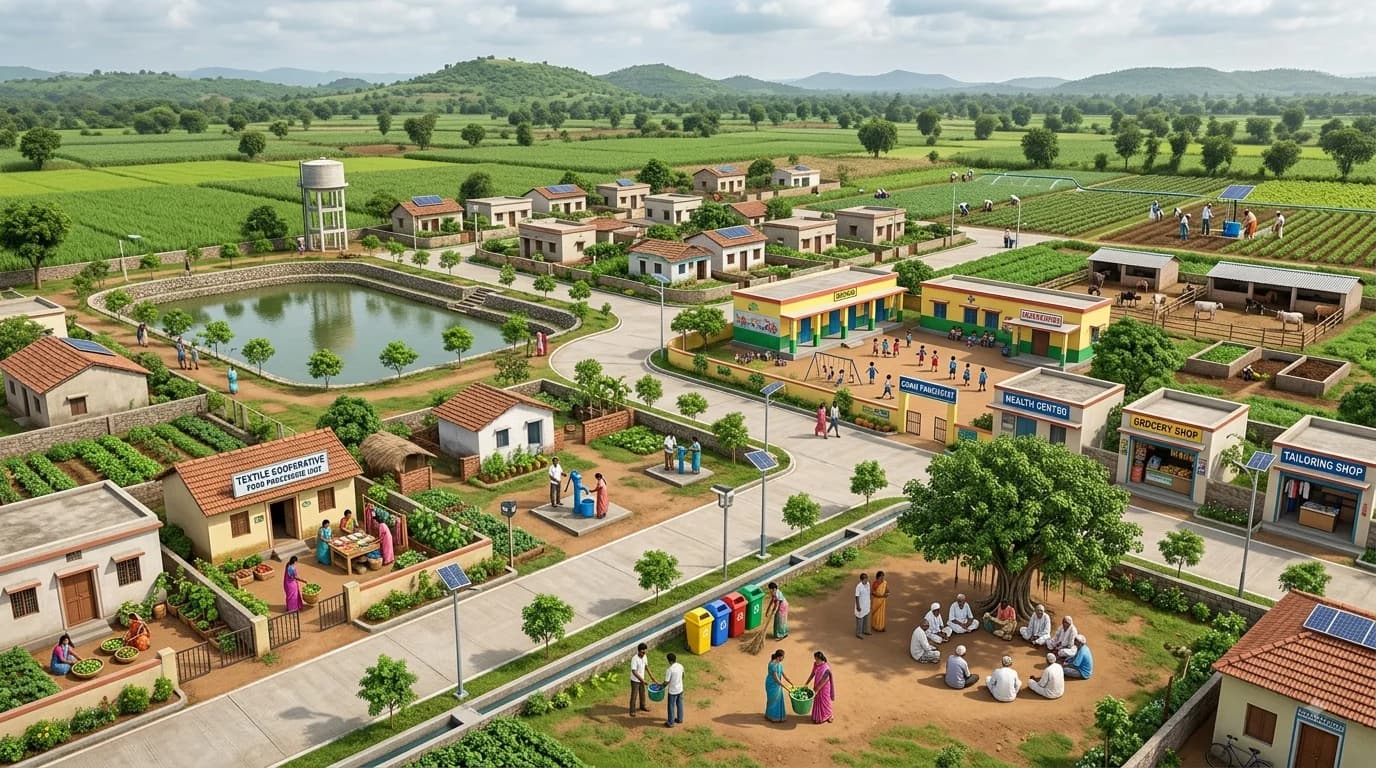 A holistically developed village with a water tower and recharge pond, solar-powered rooftops, a school and health centre, drip-irrigated farmland and a community gathering space
