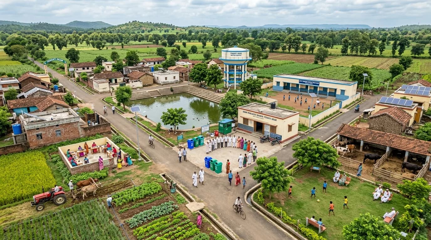 Aerial view of a developed village with a water tower and recharge pond, a school, solar-powered rooftops, drip-irrigated farmland, livestock sheds and a community gathering space